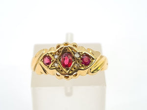 0020: Antique 18ct Gold Almandine Garnets Diamonds Ring- Date Mark 1915-