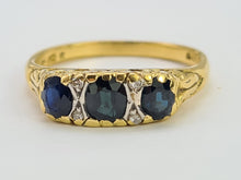 Load image into Gallery viewer, 0074: Vintage; 18ct Gold French Blue Sapphires Diamonds Dress Ring- Date mark 1974
