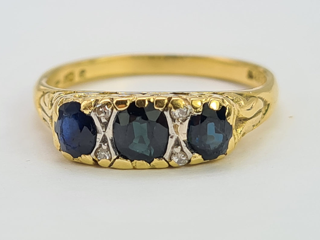 0074: Vintage; 18ct Gold French Blue Sapphires Diamonds Dress Ring- Date mark 1974