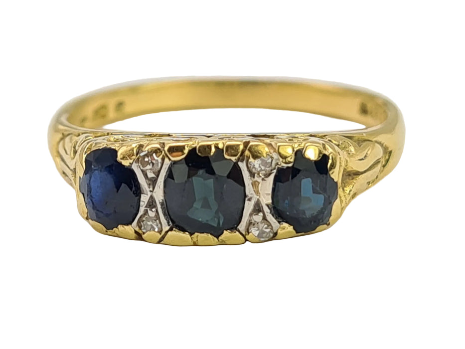 6288 Vintage; 18ct Gold French Blue Sapphires Diamonds Dress Ring- From 1974