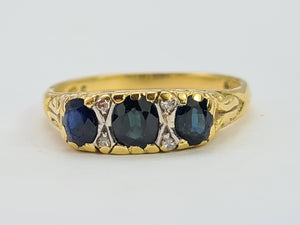 0074: Vintage; 18ct Gold French Blue Sapphires Diamonds Dress Ring- Date mark 1974