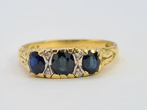 0074: Vintage; 18ct Gold French Blue Sapphires Diamonds Dress Ring- Date mark 1974