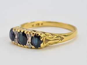 0074: Vintage; 18ct Gold French Blue Sapphires Diamonds Dress Ring- Date mark 1974