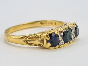 0074: Vintage; 18ct Gold French Blue Sapphires Diamonds Dress Ring- Date mark 1974