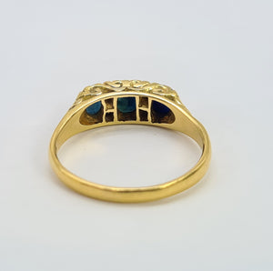 0074: Vintage; 18ct Gold French Blue Sapphires Diamonds Dress Ring- Date mark 1974