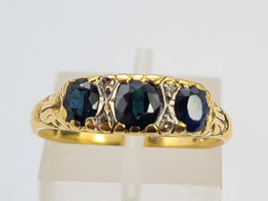 0074: Vintage; 18ct Gold French Blue Sapphires Diamonds Dress Ring- Date mark 1974