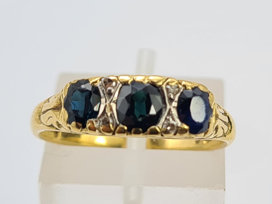 6288 Vintage; 18ct Gold French Blue Sapphires Diamonds Dress Ring- From 1974