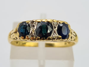 0074: Vintage; 18ct Gold French Blue Sapphires Diamonds Dress Ring- Date mark 1974