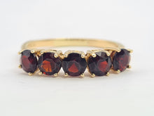 Load image into Gallery viewer, 8293: Vintage: 9ct Gold Vibrant Red Round Cut Garnets Stacker/ Dress Ring- lovely symmetry
