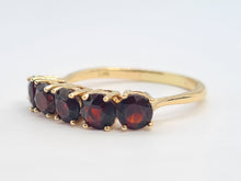 Load image into Gallery viewer, 8293: Vintage: 9ct Gold Vibrant Red Round Cut Garnets Stacker/ Dress Ring- lovely symmetry
