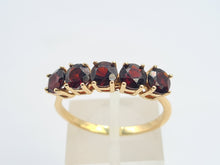 Load image into Gallery viewer, 8293: Vintage: 9ct Gold Vibrant Red Round Cut Garnets Stacker/ Dress Ring- lovely symmetry
