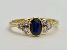 Load image into Gallery viewer, 9081: Vintage: 18ct Gold French Blue Sapphire Diamonds Trefoil Set Ring- simply gorgeous
