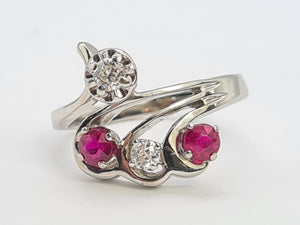 A0265: Vintage; 14ct White Gold Rubies Diamonds  Openwork "Swirl" Dress Ring