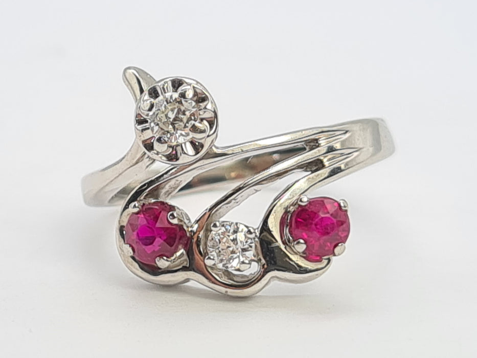 6842 Vintage; 14ct White Gold Rubies Diamonds  Openwork Bypass Dress Ring