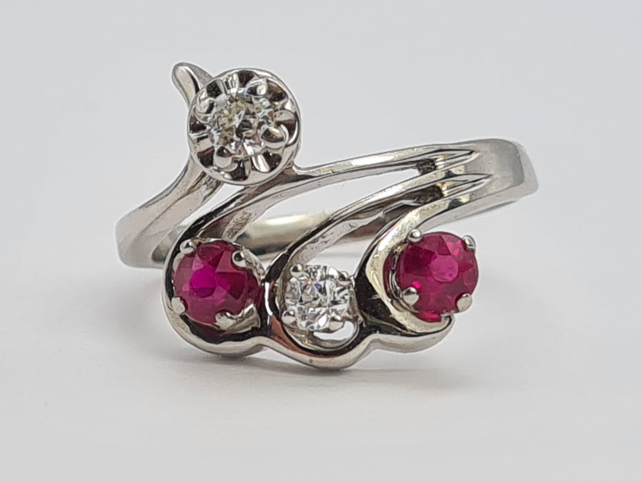 6842 Vintage; 14ct White Gold Rubies Diamonds  Openwork Bypass Dress Ring