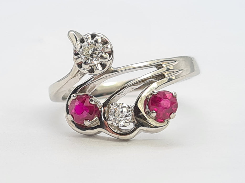 6842 Vintage; 14ct White Gold Rubies Diamonds  Openwork Bypass Dress Ring