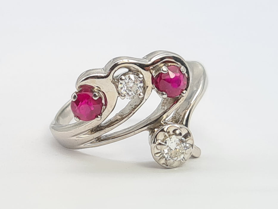 6842 Vintage; 14ct White Gold Rubies Diamonds  Openwork Bypass Dress Ring