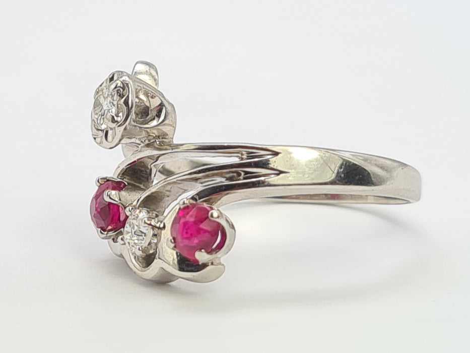 6842 Vintage; 14ct White Gold Rubies Diamonds  Openwork Bypass Dress Ring