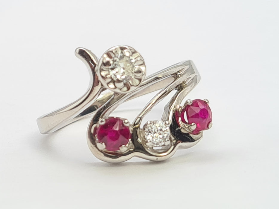 6842 Vintage; 14ct White Gold Rubies Diamonds  Openwork Bypass Dress Ring