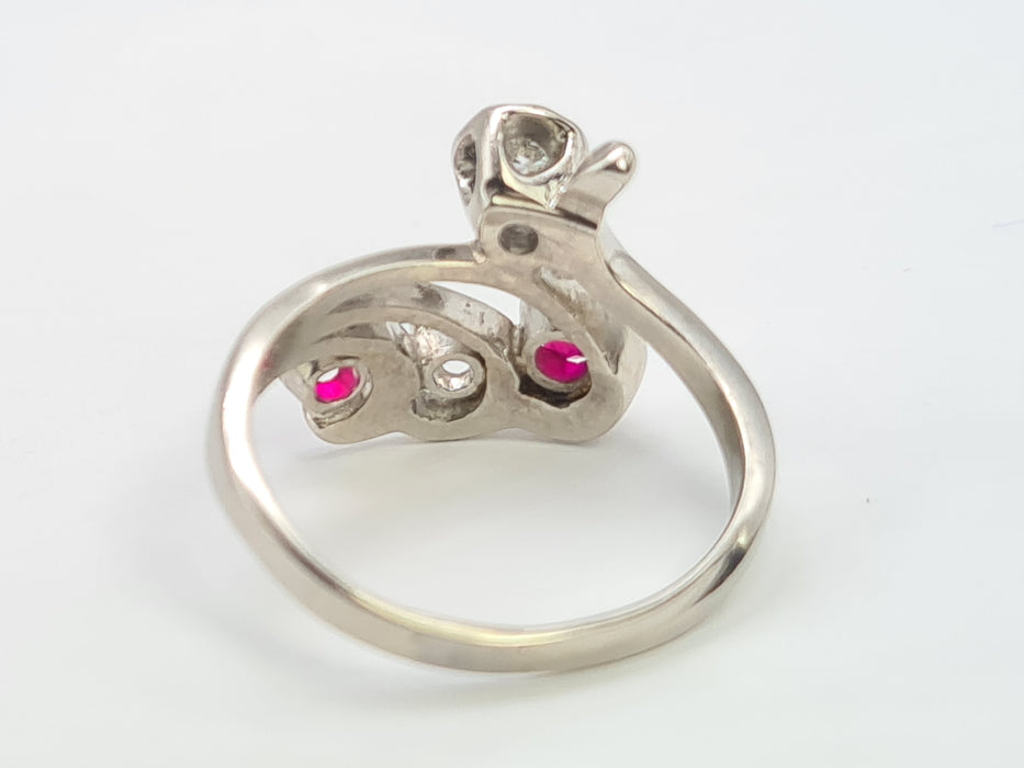 6842 Vintage; 14ct White Gold Rubies Diamonds  Openwork Bypass Dress Ring