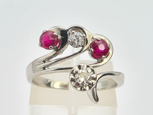 A0265: Vintage; 14ct White Gold Rubies Diamonds  Openwork "Swirl" Dress Ring