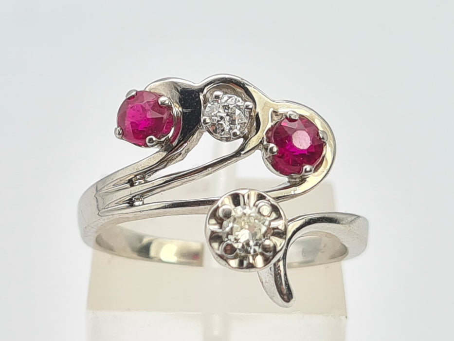 6842 Vintage; 14ct White Gold Rubies Diamonds  Openwork Bypass Dress Ring