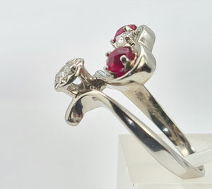 A0265: Vintage; 14ct White Gold Rubies Diamonds  Openwork "Swirl" Dress Ring