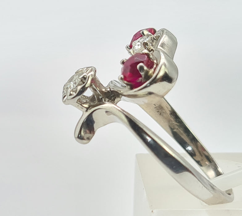 6842 Vintage; 14ct White Gold Rubies Diamonds  Openwork Bypass Dress Ring