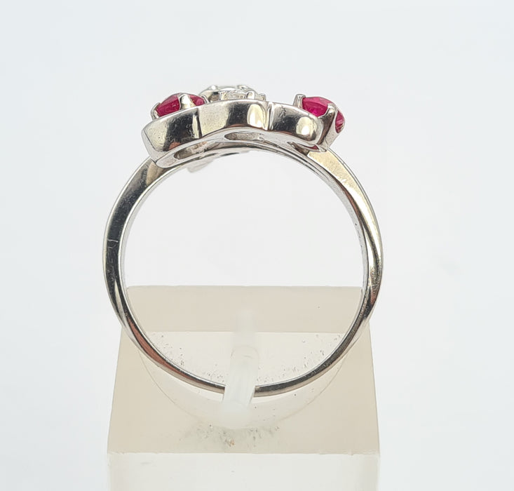 6842 Vintage; 14ct White Gold Rubies Diamonds  Openwork Bypass Dress Ring