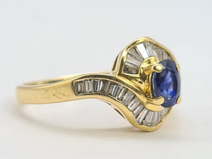 0268:   Vintage; 18ct Gold French Blue Sapphires Diamonds Art Deco Style Cocktail Ring-