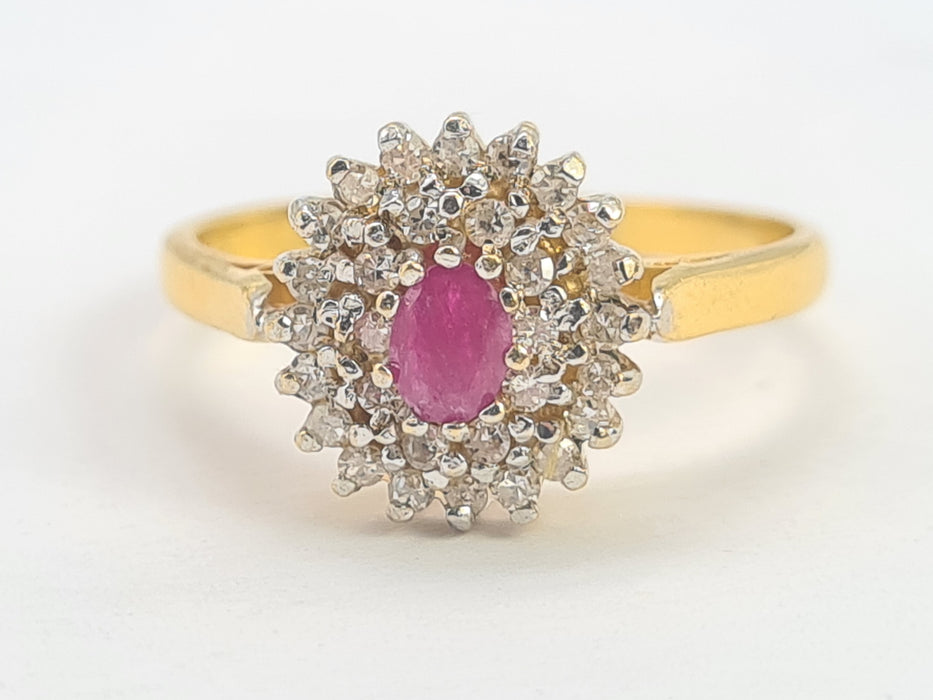 6254 Vintage:22ct Gold Ruby 30 Natural Sparkling Diamonds Tiered Cluster Ring