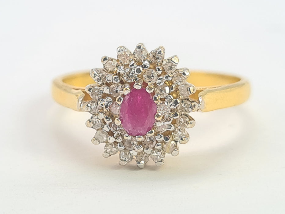 6254 Vintage:22ct Gold Ruby 30 Natural Sparkling Diamonds Tiered Cluster Ring