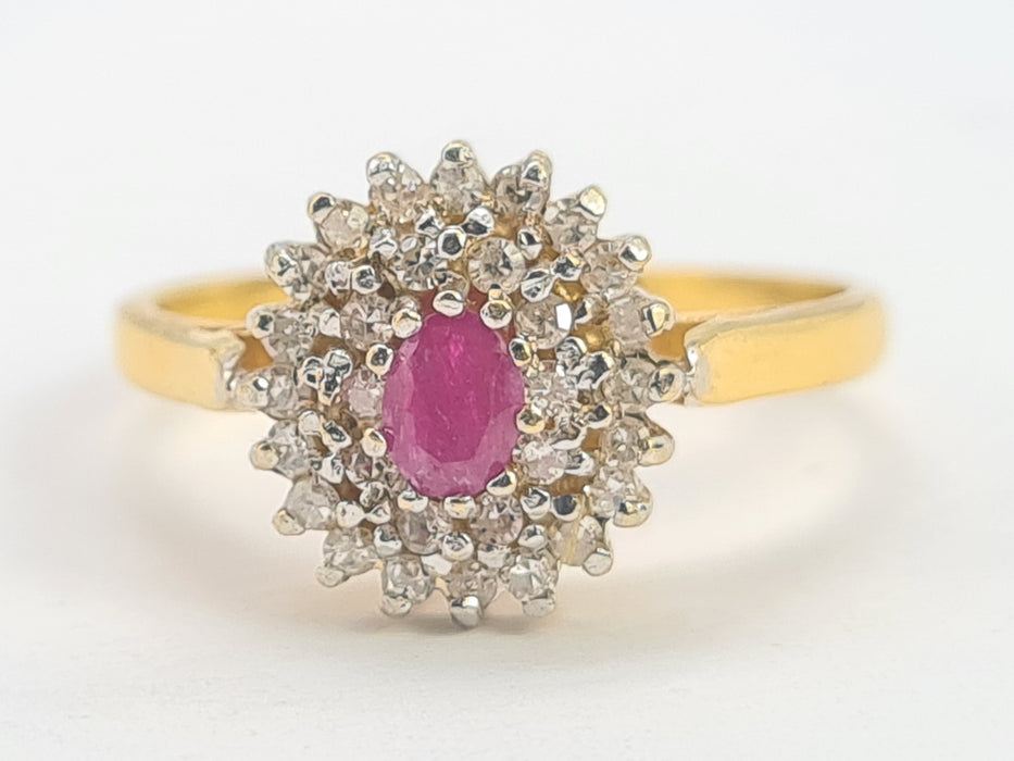 6254 Vintage:22ct Gold Ruby 30 Natural Sparkling Diamonds Tiered Cluster Ring