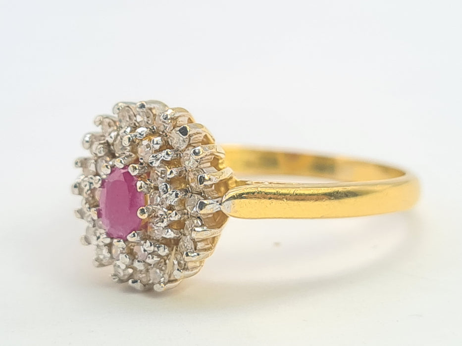 6254 Vintage:22ct Gold Ruby 30 Natural Sparkling Diamonds Tiered Cluster Ring