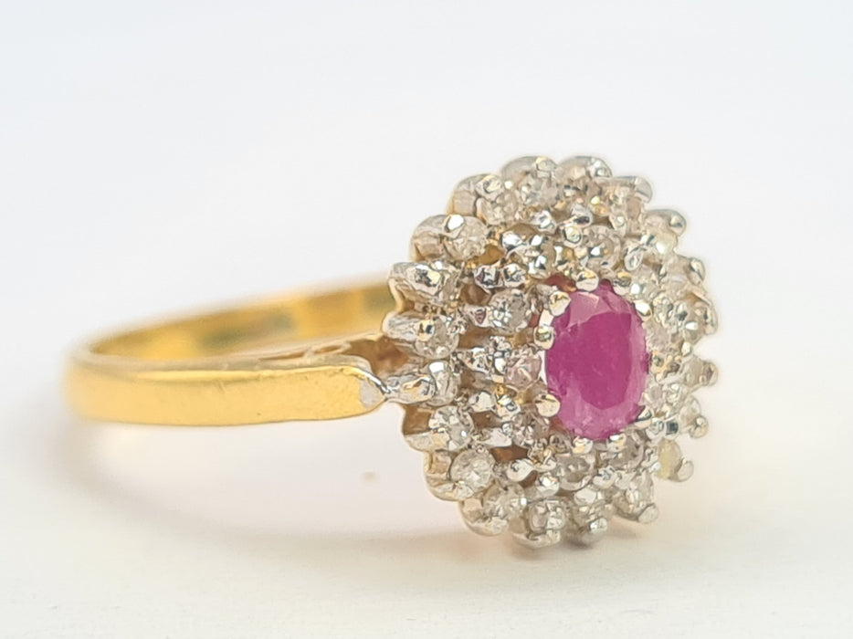 6254 Vintage:22ct Gold Ruby 30 Natural Sparkling Diamonds Tiered Cluster Ring