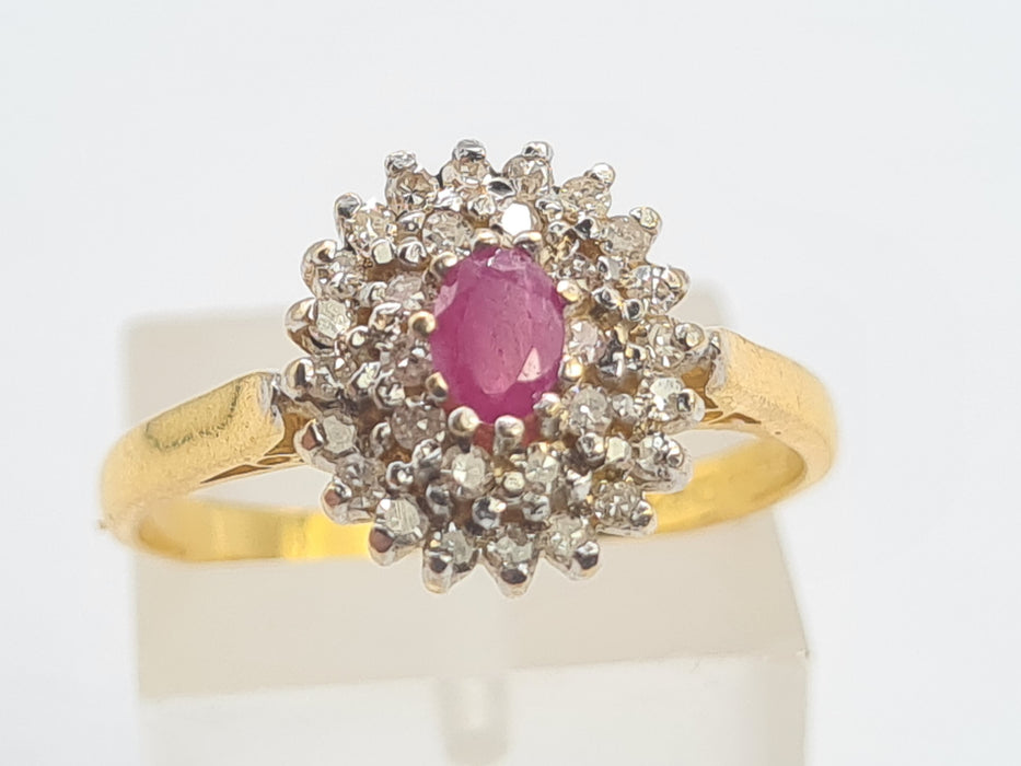 6254 Vintage:22ct Gold Ruby 30 Natural Sparkling Diamonds Tiered Cluster Ring