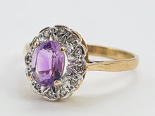 Load image into Gallery viewer, 0096: Vintage:9ct Gold Oval Amethyst 12 Diamond Halo Ring-
