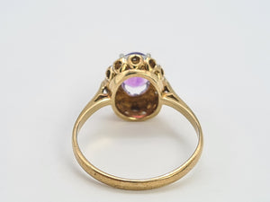 0096: Vintage:9ct Gold Oval Amethyst 12 Diamond Halo Ring-