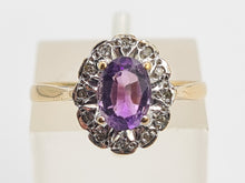 Load image into Gallery viewer, 0096: Vintage:9ct Gold Oval Amethyst 12 Diamond Halo Ring-
