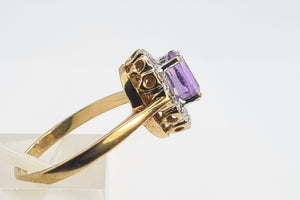 0096: Vintage:9ct Gold Oval Amethyst 12 Diamond Halo Ring-