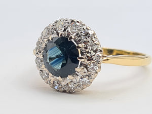 0292: Vintage; 18ct Gold French Blue Sapphires High- Calibre Diamonds Floral Cluster Ring- Date Mark -1968