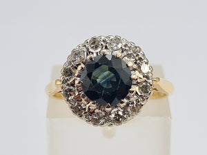 0292: Vintage; 18ct Gold French Blue Sapphires High- Calibre Diamonds Floral Cluster Ring- Date Mark -1968