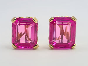 0301: Vintage & Old: 18ct Gold Emerald Cut Pink Sapphires Stud Earrings- Barbie Pink