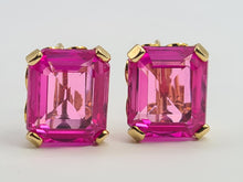 Load image into Gallery viewer, 0301: Vintage &amp; Old: 18ct Gold Emerald Cut Pink Sapphires Stud Earrings- Barbie Pink
