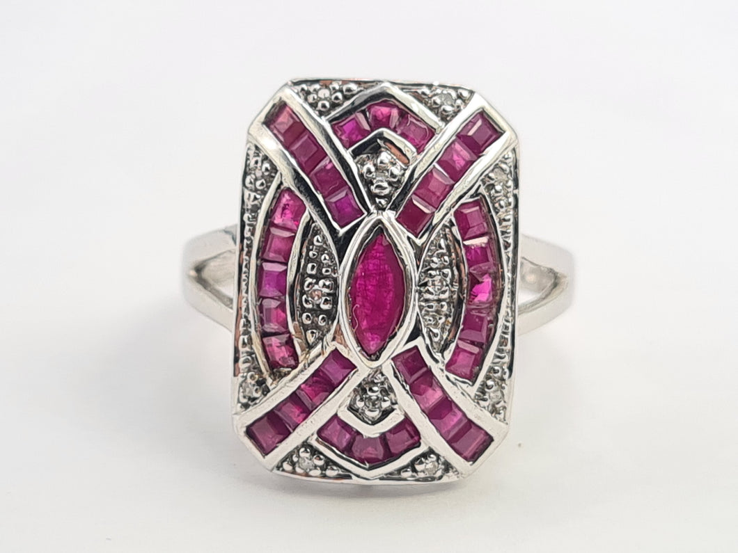 0132: Vintage 14ct White Gold Art Deco Style Rubies Diamonds Panel Ring - Exceptional, stylish, iconic