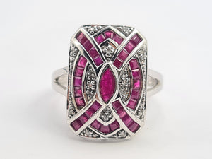 0132: Vintage 14ct White Gold Art Deco Style Rubies Diamonds Panel Ring - Exceptional, stylish, iconic