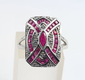 0132: Vintage 14ct White Gold Art Deco Style Rubies Diamonds Panel Ring - Exceptional, stylish, iconic