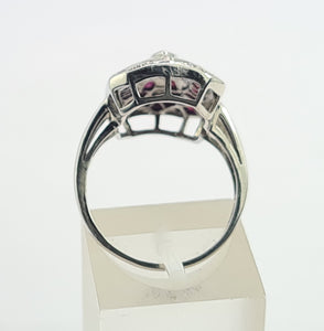 0132: Vintage 14ct White Gold Art Deco Style Rubies Diamonds Panel Ring - Exceptional, stylish, iconic