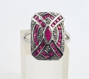 0132: Vintage 14ct White Gold Art Deco Style Rubies Diamonds Panel Ring - Exceptional, stylish, iconic