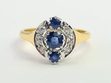 Load image into Gallery viewer, 9102: Antique: 18ct Gold Art Deco Cornflower Blue Sapphires Diamonds Geometric Set Ring - almost 100 years
